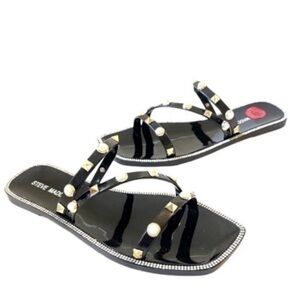 NEW Steve Madden Rhinestone Slide Jelly Sandals Pearls Studs Black Size 6